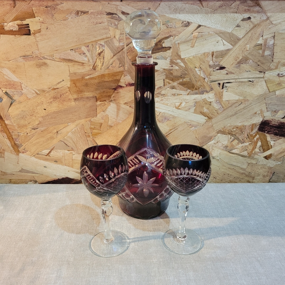 Vintage Bohemian Cut to Clear Decanter & 2 Cordial Glasses Ruby Red Crystal